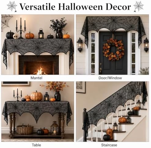 2-Pcs Halloween Fireplace Decorations - 18x98 Inch Black Lace Spiderweb Mantel Scarf Cover for Stair Handrails Door Curtains Spooky Party Supplies Haunted House Indoor Outside Decor Set