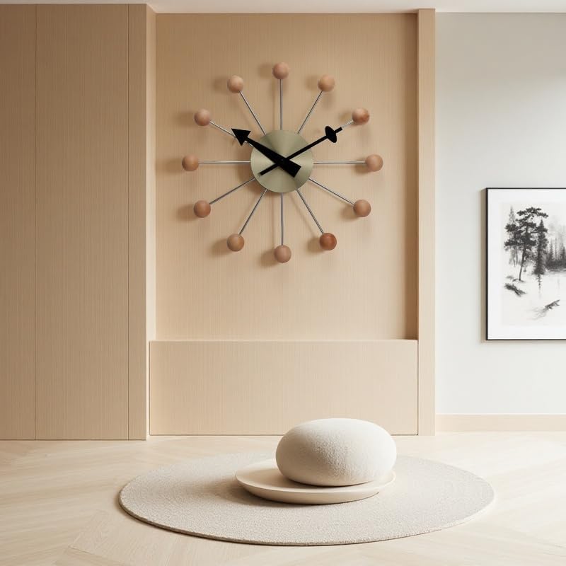 NUOVO 13 Inch Wood Ball Wall ClockMulticolor Mid Century Creative Silent Quartz Personality Funny Decorative Home