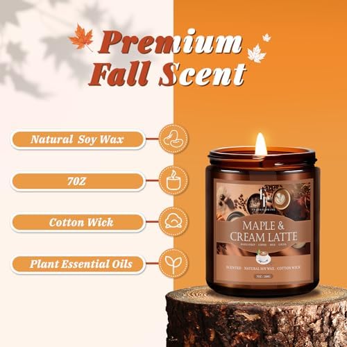 Fall Candle, Maple & Cream Latte Scented Candles for Home, Natural Soy Autumn Candle Aromatherapy Candle, 7 oz Jar