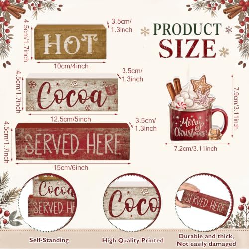 Moucuny 4 Pcs Christmas Table Decor for Home Kitchen, Wooden Coffee Cocoa