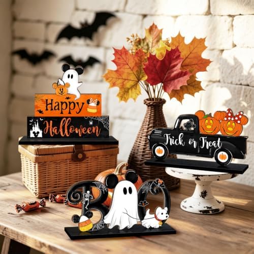 3 Pieces Halloween Table Signs Decorations, Pumpkins Ghost Truck BOO Table Centerpiece Wooden Sign, Halloween Tabletop Home Decor for Party Indoor Tiered Tray