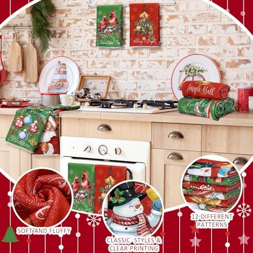 VitalCozy 12 Pcs Red Green Christmas Kitchen Towels, 14.2 x 21.3 in