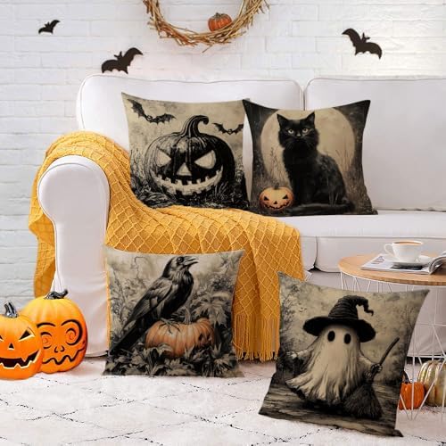 YeeJu Set of 4 Halloween Pillow Covers 26x26 Inch Cute Ghost Pumpkin Decor Throw Pillow Covers Black Plaid Happy Halloween Cushion Covers Linen Pillow Cases for Home Outdoor Sofa Couch (26 by 26)