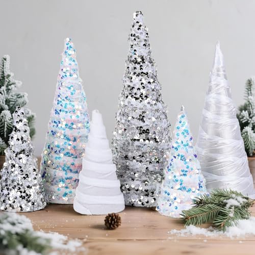 6 Pcs 12" 10" 6" Cone Christmas Tree Decorations Christmas Snow White Glitter Table Decor Farmhouse Trees Tiered Tray Ornament Xmas Tree for Home Holiday Entryway Tabletop Tree Centerpiece Decor