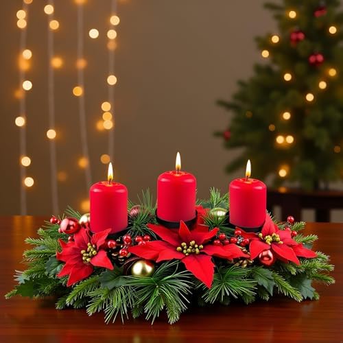YULETIME 28" Christmas Triple Candelabrum, Poinsettia, Baubles, Red Berries