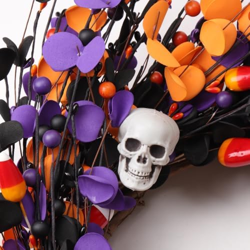 Halloweeen Wreath with White Skull 22 Inch Halloween Wreaths for Front Door with Black Eucalyptus Leaves White Skull Orange Berries for Window Porch Indoor Party Holiday Wall Home