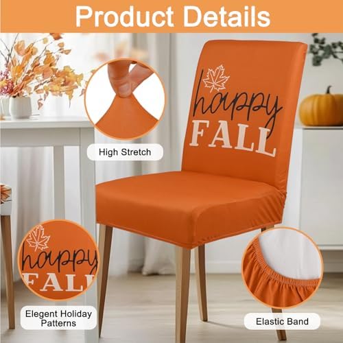 6 Pcs Fall Chair Covers for Dining Room, Thanksgiving Stretch Removable Dining Chair Cover Set of 6, Autumn Pumpkin Chair Slipcovers Seat Protector for Fall Restaurant Decor