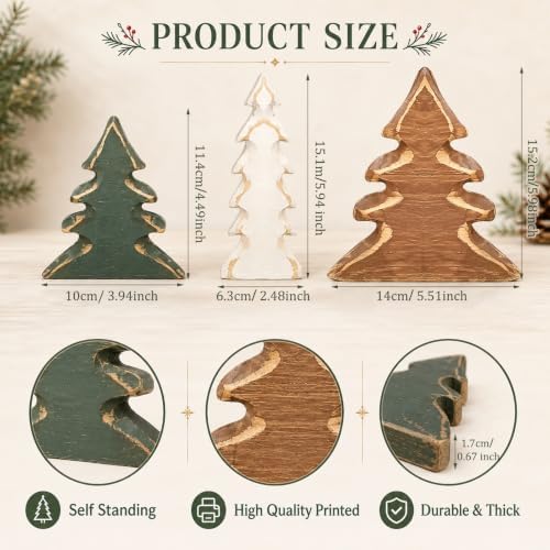 Cinnvoice 3pcs Christmas Tree Wooden Decor, Rustic Farmhouse Tabletop Decor