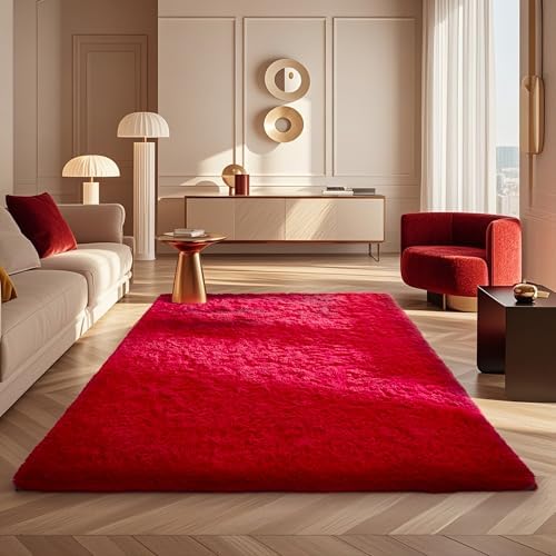Ophanie Red Rugs for Bedroom Living Room, Fluffy Fuzzy Furry Carpet, Plush Soft Shaggy Bedside Indoor Floor 4x6 Area