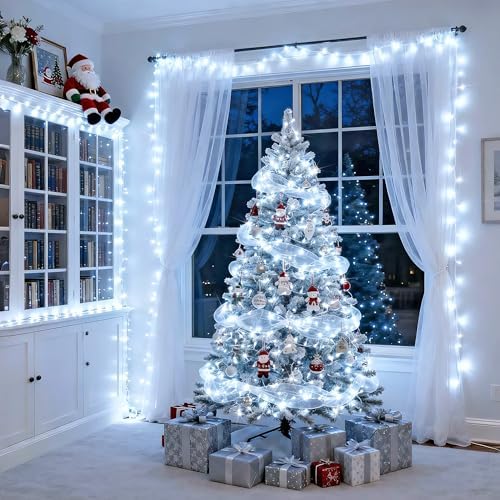 JMEXSUSS Connectable 8 Modes 100 LED White Christmas Lights Clear Wire