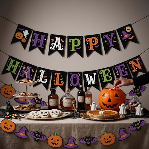 Halloween Banner Spooky Horror Bunting Garland Party Decorations for Indoor Fireplace Mantle Wall Home Decor