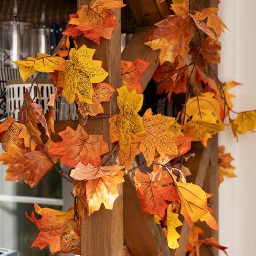 CQURE 12 Pack Fall Leaf Garland, 5.9Ft Artificial Maple Leaf Garland Fall Leaves Autumn Hanging Vines Maple Leaves Thanksgiving Decor for Home Wedding Fireplace Party