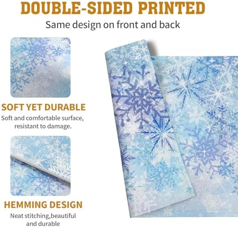 Blue Snowflake Winter Placemats Set of 4 Xmas Snow Place Mat Merry Christmas Linen Fabric Table Mats Washable Heat Resistant Placemat for Farmhouse Kitchen Dining Party Decoration