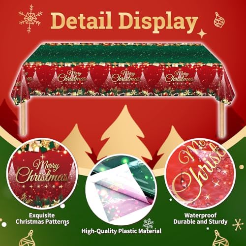3-Piece 54 x 108 Inch Merry Christmas Plastic Tablecloth - Red and Green Design with Christmas Tree Holiday Decorations, Disposable Rectangle Table Cover for Xmas Party Supplies, Indoor Outdoor Decor