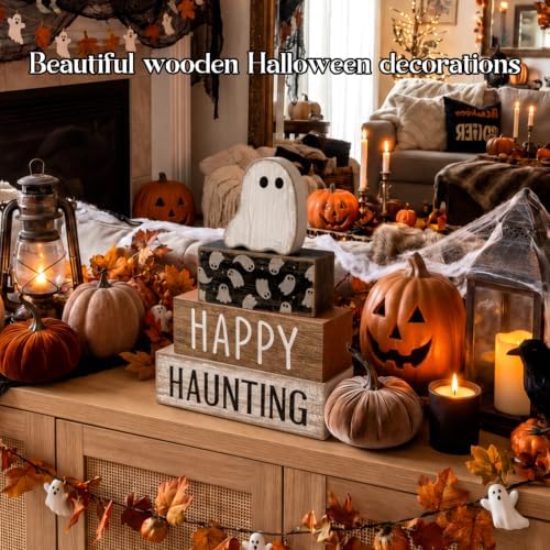 Lineshading 4 Pcs Happy Haunting Wood Blocks, Halloween Farmhouse Decor