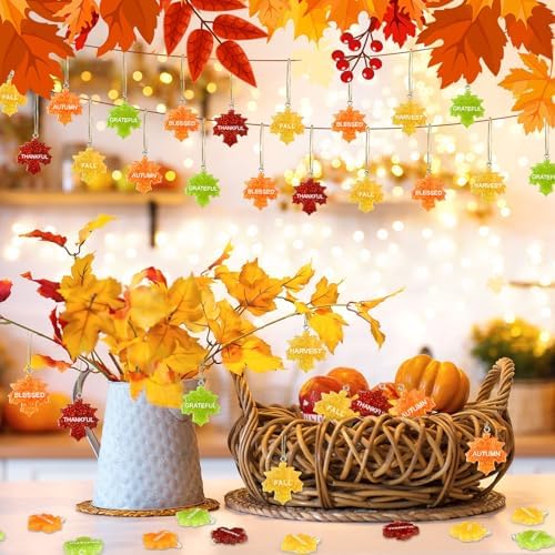 48Pcs Fall Ornaments Glitter Maple Leaf Ornaments for Small Tree
