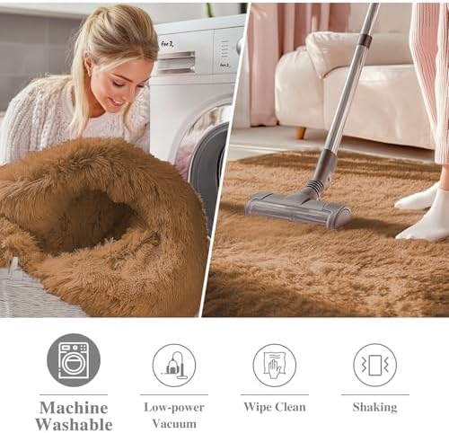 OLANLY Khaki Round Rugs for Bedroom - Machine Washable, 8 ft Circle Area Rugs for Living Room, Soft and Fluffy Shaggy