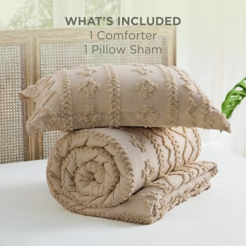 Bedsure Tufted Boho Comforter Set Twin Size - Light Brown Boho Bed Set, GentleSoft™ 2 Pieces Farmhouse-Style Embroidery