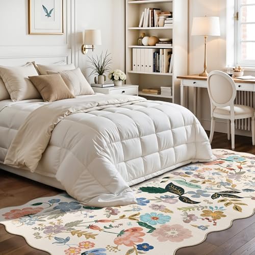 Washable 4x8 Wide Runner Rug: Hallway Entryway Non Slip Scalloped Floral Rug Farmhouse Soft Stain Resistant Carpet for