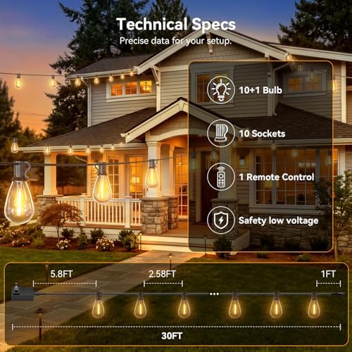 30FT Outdoor String Lights with Remote, Waterproof Patio Lights with 10+1 Shatterproof LED Bulbs,Dimmable Hanging Decor