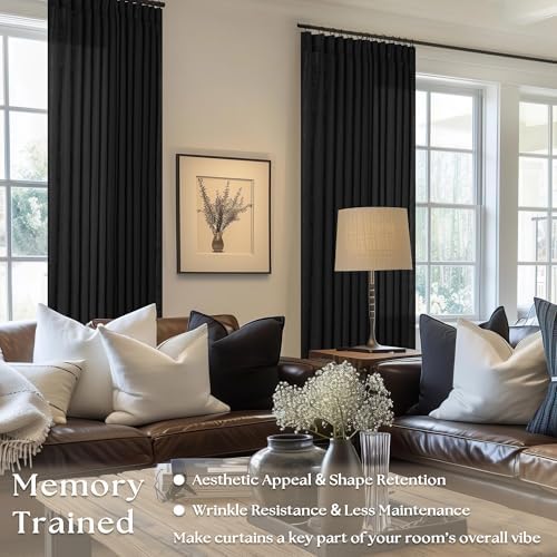 Black Pinch Pleated Linen Semi Sheer Curtains 45 Inch Length 2 Panels Set
