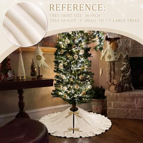 Velvet Christmas Tree Skirt, 36 Inches, Bow Style, Ivory White