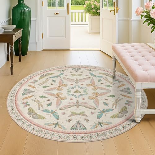 Insect Pink and Blue 5ft Round Area Rug for Living Room - Washable Floral Fun Boho Rugs for Playroom, Girls Bedroom