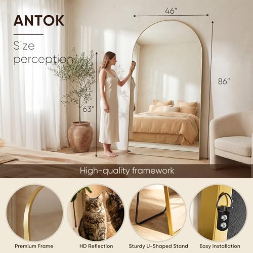 Antok 86" x46” Arched Full Length Mirror, Floor Mirror with Stand, Gold