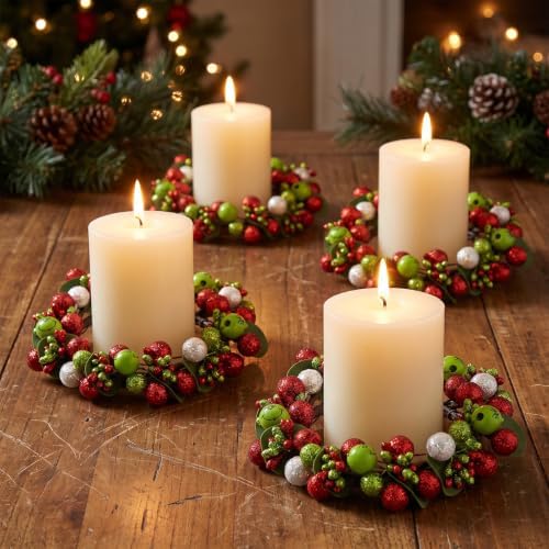 4 Pack Green Christmas Table Candle Rings, Farmhouse Berry Wreaths