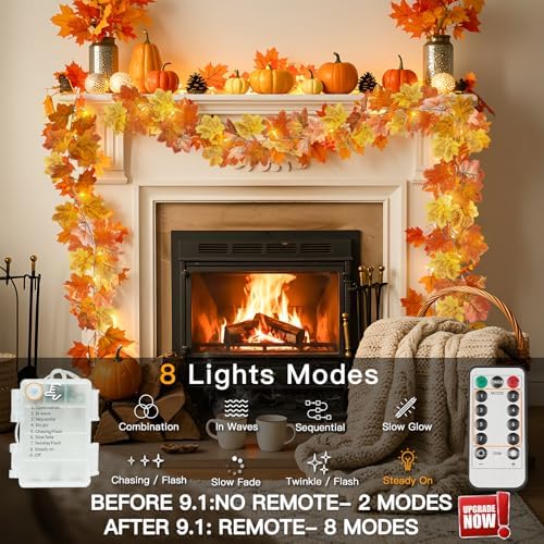 suddus 20 LED Fall Leaves Garland with Lights Battery Operated Timer Yellow