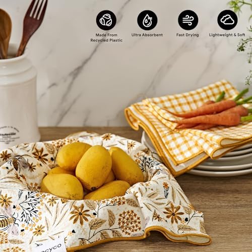RECYCO Waffle Kitchen Towel Set of 2 - Quick Dry Microfiber Sustainable Dish Towels - Ultra Absorbent Reusable Cleaning Tea Towels - Lightweight Hand Towels,16”x 28”, Joyful Bees