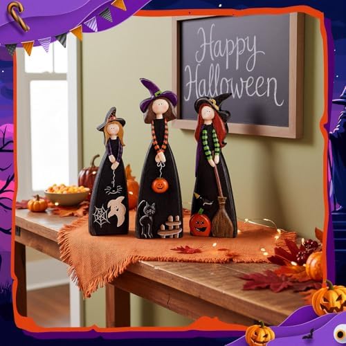 Suzile 3 Pcs Halloween Witch Table Decorations, Wooden Tabletop Figurines