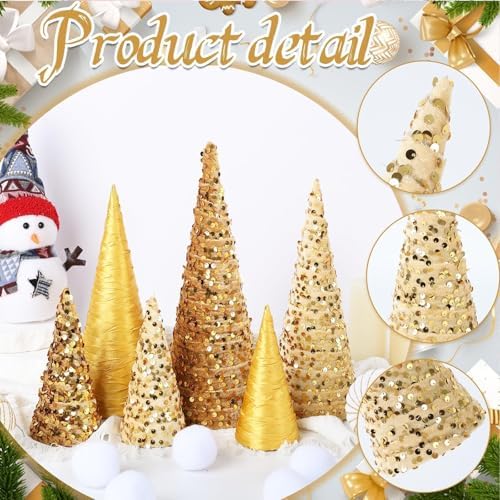 6 Pcs 12" 10" 6" Christmas Cone Tree Decorations Velvet Christmas Silk Gold Glitter Table Decor Farmhouse Flocked Tiered Tray Ornament Xmas Tree for Home Holiday Entryway Tabletop Centerpiece Decor