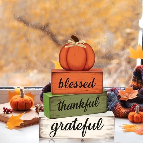 4 Pcs Fall Wooden Table Sign Fall Wooden Tiered Tray Decor Thankful Blessed Grateful Tabletop Signs Farmhouse Pumpkin Wood Blocks for Autumn Thanksgiving Harvest Home Kitchen Table Shelf Decor