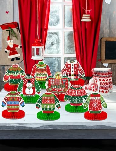 Christmas Ugly Sweater Party Table Decorations, 9 Pcs Ugly Sweater Honeycomb Centerpieces, 3D Funny Holiday Table Topper for Christmas Party Supplies, Winter Home & Office Decor