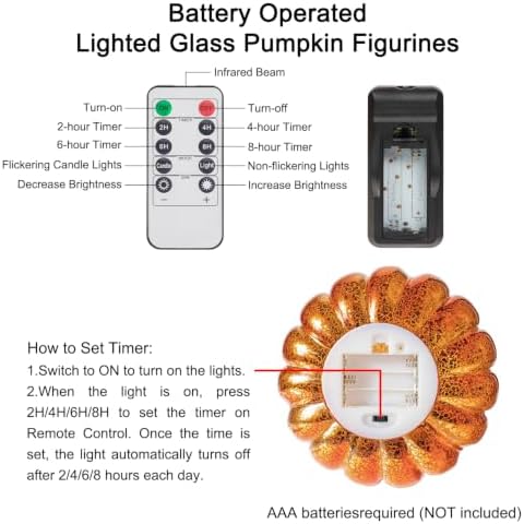 KI Store Glass Pumpkin with Lights and Timer Set of 3 10.8-Inch 8.5-Inch 6.5-Inch Lighted Mercury Glass Pumpkins for Fall Halloween Thanksgiving Decorations Battery Operated