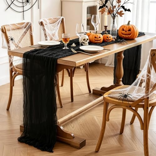 Black Table Runner, 10FT Black Cheesecloth Halloween Table Runner 35*120inch Boho Runner for Halloween Indoor Table Kitchen Party Decorations