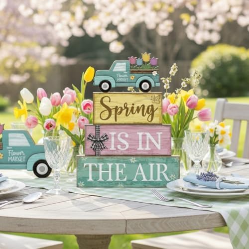 Moucuny 4 Pcs Spring Wooden Block Signs Farmhouse Table Centerpiece
