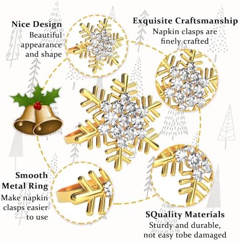 Halatool Christmas Napkin Rings Set of 6, Gold Snowflake with White Rhinestone Napkin Holder for Christmas Thanksgiving Winter Holiday Place Setting, Weddings, Party Table Decoration