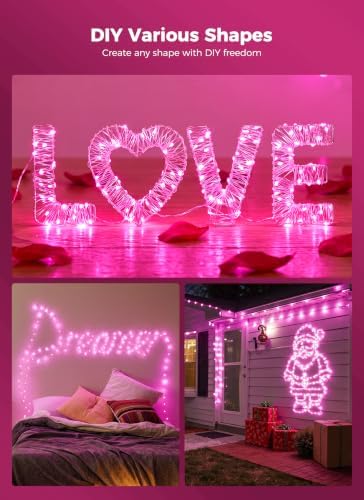 Pink Fairy Lights Plug in, 33Ft 100 LEDs Waterproof Silver Wire Firefly Valentine's Lights, Adaptor Included, Starry String Lights for Wedding Indoor Outdoor Patio Garden Valentine's Day Decoration