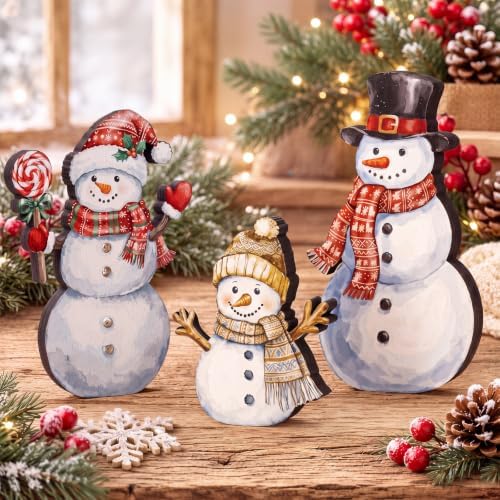 Suzile 3 Pcs Wooden Snowman Figurines, Christmas Tabletop Decor