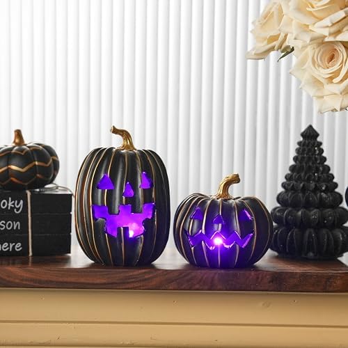 FESTGLOX Light Up Black Jack O Lantern Pumpkins for Indoor Halloween Decor