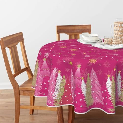 Horaldaily Christmas Tablecloth 90 x 90 Inch Round Christmas Trees Pink