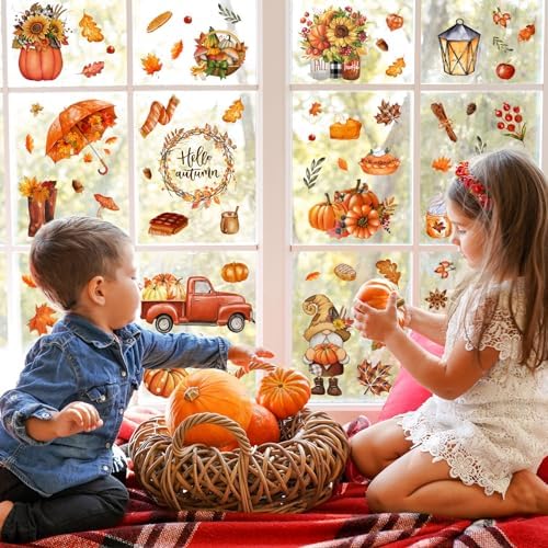 Whaline Fall Thanksgiving Window Clings Maple Leaves Pumpkin Umbrella Truck Gnome Window Decals Hello Autumn Double-Side Glass Decals for Home Party Decoration, 7.9 x 11.8 Inch, 9 Sheet