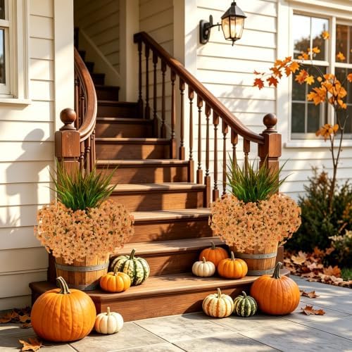 15 PCS Artificial Fall Flowers for Outdoors, Six-Petaled Faux Silk Mums