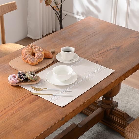 Wracra Cotton Linen Place Mats, Ivory Embroidered Placemats Set of 6 | Placemats 12 x 18 Inch; Cotton Linen Woven
