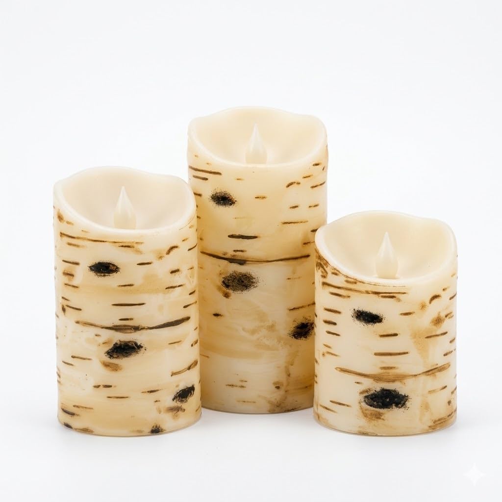 Comenzar Flameless Candles Birch Bark Texture, Flickering Flame Battery Operated LED Candles, Electric Plastic Candles