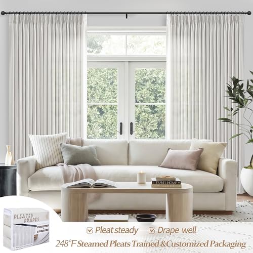 Pinch Pleated Extra Wide 70 x 96 Inch Curtains 2 Panel Set for Bedroom, Modern Beige White Linen Blend Light Filtering