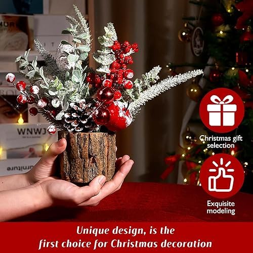 Small Christmas Tree Tabletop Artificial Mini Christmas Tree Decorations with Holiday Ornaments Red Berry Pine Cone Greenery for Home Indoor Fireplace Mantel Xmas Decor (2pcs -Tree Stump-Red)