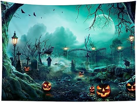 HVEST Halloween Tapestry Wall Hanging Black Crow Bat and Pumpkin in Scary Graveyard Forest Wall Art for Bedroom, Spooky Full Moon Night Tapestry for Living Room Holiday Wall Decor, 92.5W X 70.9H inches